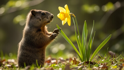 Fototapeta premium A squirrel smelling a yellow daffodil in a garden