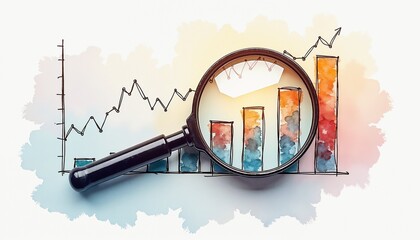 Watercolor financial chart with magnifying glass on pale abstract background for business analysis