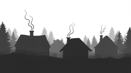 Black silhouette illustration of houses with smoking chimneys in a forest landscape