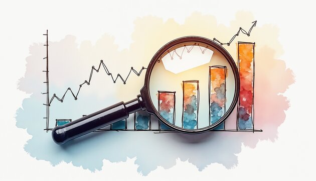 Watercolor financial chart with magnifying glass on pale abstract background for business analysis - Powered by Adobe