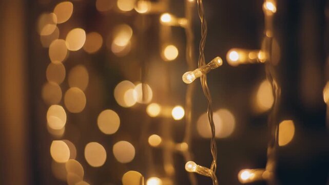 Festive holiday video showing glowing Christmas bulb string garland decorating floating 