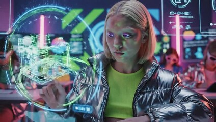 A student in a futuristic classroom interacts with a complex 3D holographic model projected from her advanced tablet during a lesson - Powered by Adobe