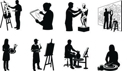 Silhouettes of Artists Creating Art, Drawing, Painting, Sculpting, Pottery, Digital Design, Creative Professions Concept, Vector Illustration Set
