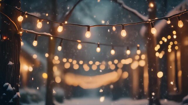 Festive outdoor scene with glowing Christmas lights string garland draped between trees