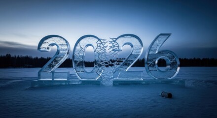 Frozen 2026 numerals on ice, winter landscape