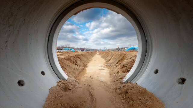 Construction site view through large concrete pipe showcasing excavation progress and surrounding earthworks with visible machinery and tools in the background highlighting active construction efforts