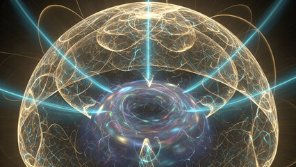 Glowing neon light sphere with swirling energy beams and lines