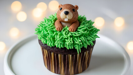 Chocolate cupcake decorated with a squirrel and green frosting