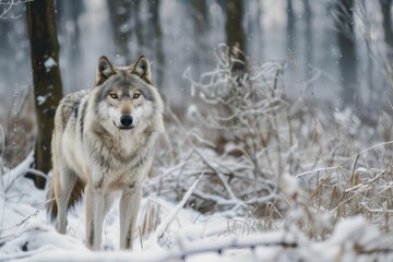 Obraz premium Gray wolf standing in snowy forest during winter snowfall
