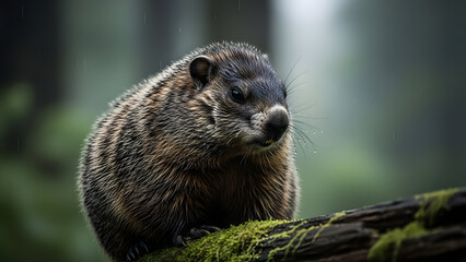 North american porcupine foraging on a forest log