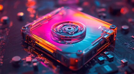 An artistic representation of an external hard drive with vibrant colors and a futuristic feel. It evokes concepts of technology, data storage, and innovation with a modern aesthetic. High tech vibe.