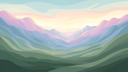 Layered mountain landscape with a soft pastel sunrise creating a serene and calming atmosphere