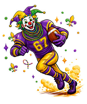 Mardi Gras Jester playing football america Carnival Design, six seven 6-7 trendy