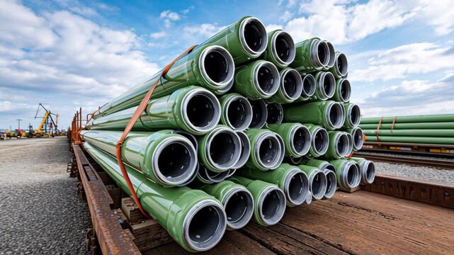 Stacked green pipes secured with straps on wooden transport platform showcasing gradual shift in arrangement and perspective emphasizing industrial materials and construction readiness