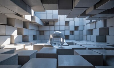 Geometric, light-filled, cube-shaped room.  Glass sphere