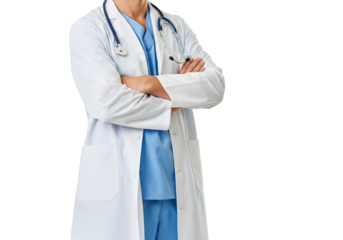 male doctor standing with arms crossed, wearing a white lab coat and a stethoscope around his neck on transparent background 