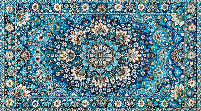 Intricate blue floral oriental carpet pattern with central medallion and ornate borders decorative textile background design surface wallpaper