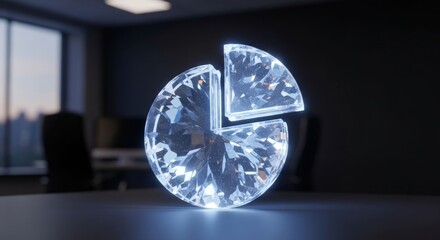 Glowing crystal pie chart on a desk