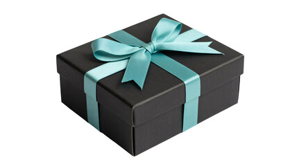 Fototapeta premium A black gift box with a turquoise ribbon tied in a bow on top, isolated on white background