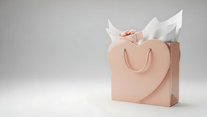 A heart-shaped gift bag filled with tissue paper stands on a white surface viewed from the front