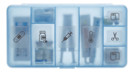 A sturdy plastic organizer with labeled sections for sorting small medical supplies at