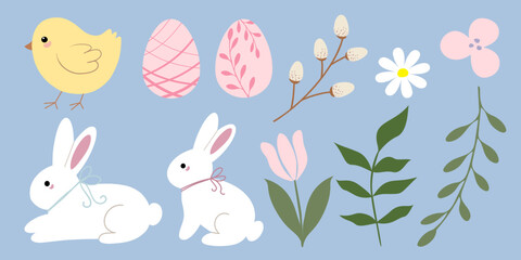 Cute Easter Animals and Spring Floral Elements Vector Set