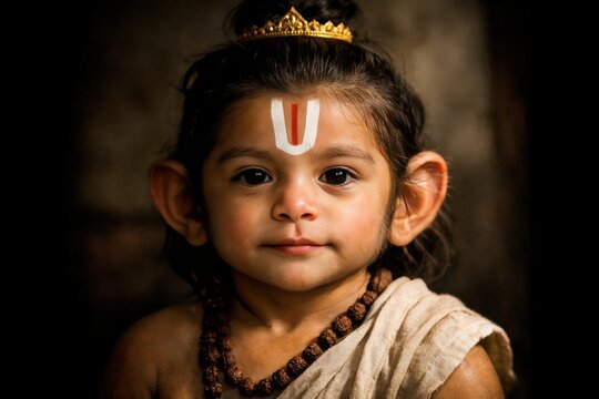Adorable Indian baby boy dressed as Lord Hanuman with traditional tilak and crown