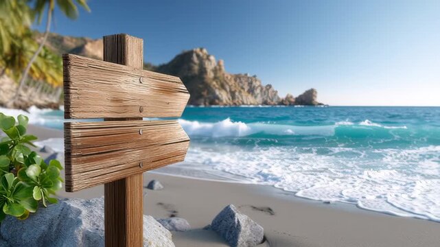 Wooden directional signpost on sandy beach with gentle waves lapping at shore, surrounded by lush greenery and rocky coastline under clear blue sky, inviting exploration and adventure
