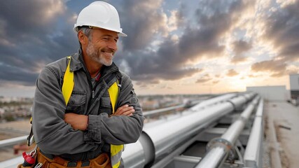 Skilled construction worker confidently poses on rooftop with industrial pipes, showcasing expertise and professionalism in a dynamic work environment during sunset with dramatic sky