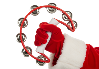 Santa hand holding a plastic tambourine with metal cymbals on transparent background 