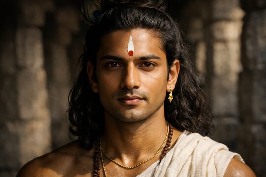 Young Hindu Man with Traditional Forehead Mark and Peacock Feather in Hair