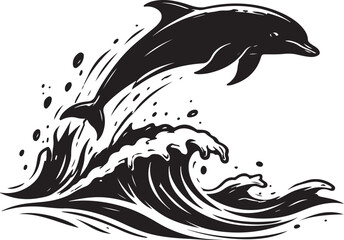 A silhouette of dolphin jumping over waves, dynamic motion, black vector © Thi