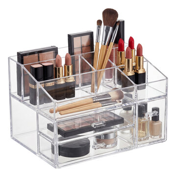 Clear acrylic makeup organizer with multiple compartments for easy visibility on your