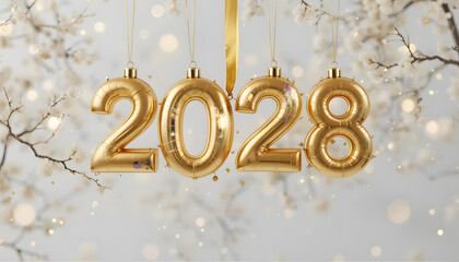 Golden New Year celebration card with 2028 calendar numbers for Christmas and winter holidays