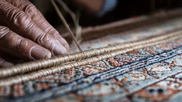 Artisan skillfully rebinding loose threads along carpet borders for a polished finish