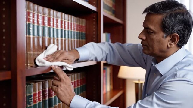 Focused Middle-Aged Man in Blue Shirt Meticulously Dusting Bookshelf in Home Library Interior Decor Featuring Leather Bound Book Collection