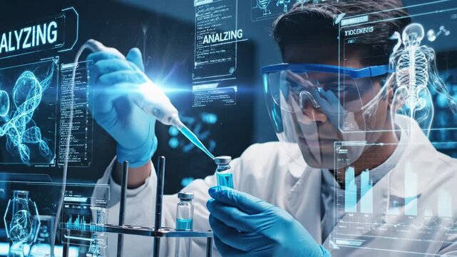 Scientist in lab coat and protective gear working with a syringe and vial 4k video