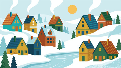 Cozy winter village landscape with colorful houses and snow