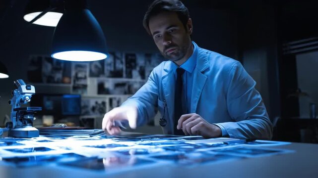 Medium shot of forensic investigator examining recorded surveillance clips framebyframe to uncover crucial evidence in a dimly lit office.