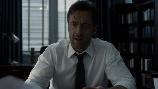 Businessman struggles with stressful workload in office surrounded by papers and documents