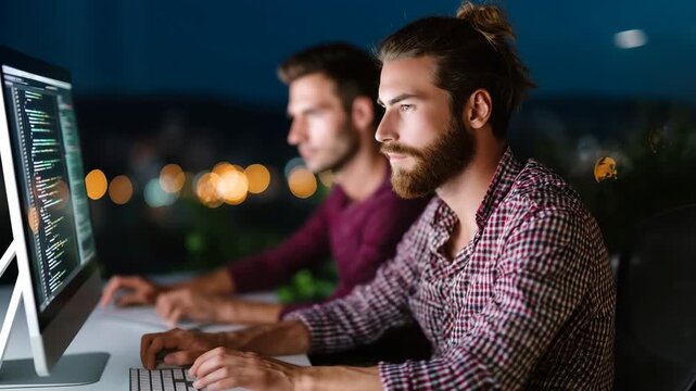 Focused young men coding at night with modern technology and city lights in the background