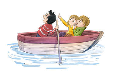 Children rowing in a boat, isolated drawing