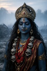 Obraz premium Goddess Kali with Skulls, Blue Skin, Ornate Crown and Jewelry