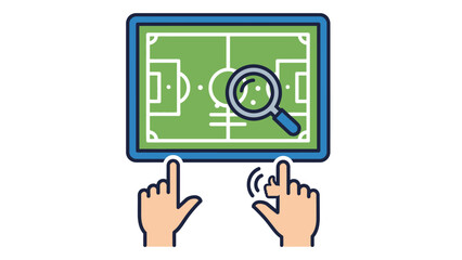 Fototapeta premium Hand Tapping Tablet with Football Soccer Field Strategy and Magnifying Glass Icon