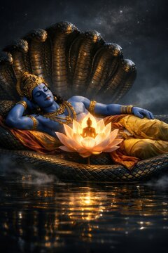 Vishnu Sleeping on Shesha Naga in Cosmic Ocean, Lotus Birth