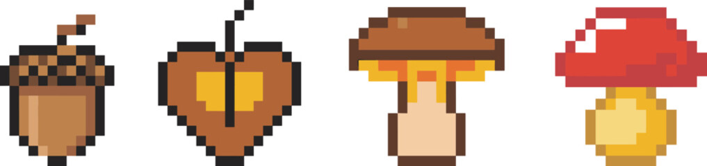 Pixel art forest icons, featuring acorn leaf heart mushroom collection, retro game style, autumn nature assets, isolated on white background © Creative Asif