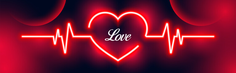 Red neon light heart frame with heartbeat on dark vibrant background. Design element for happy Valentine's day