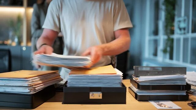 Professional organizing and digitizing important documents with advanced archiving software in a modern office environment.