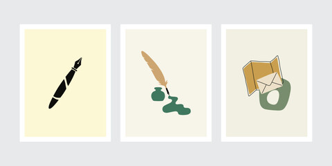 Vintage writing tools set with fountain pen feather inkwell and letter banner illustration