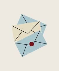 Stack of vintage mail envelopes with red wax seal stamp flat illustration